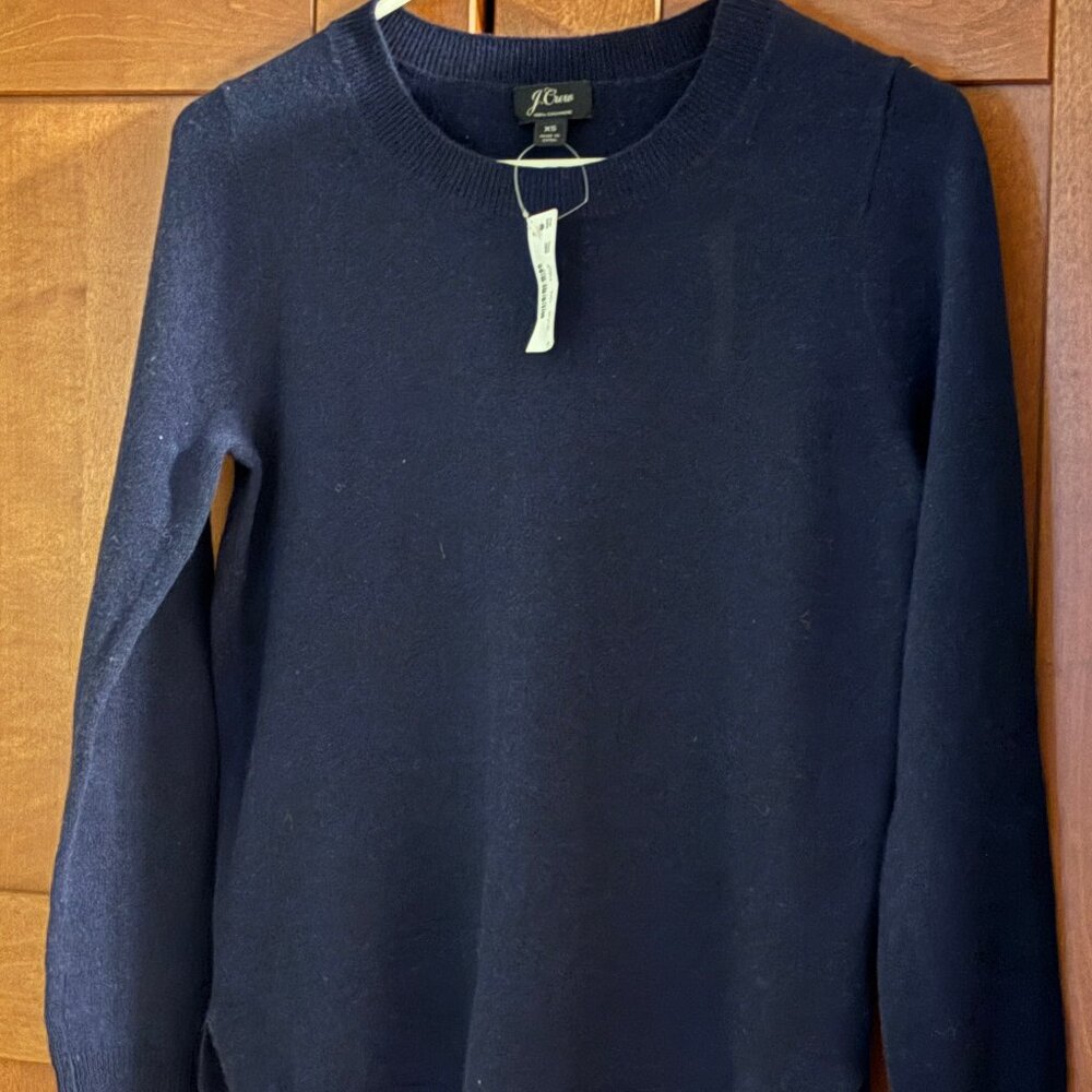 J Crew Sz XS 100% Cashmere Navy Blue Crew Neck Pullover Sweater $128